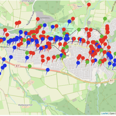 Bild vergr��ern: Ausschnitt aus dem interaktiven Ortsplan, in dem 280 konkrete Hinweise und Probleme von den Befragten verortet wurden (Rot= Probleme f�r Fu�verkehr; Blau= Probleme f�r Radverkehr; Gr�n= Probleme f�r beide Verkehrsarten). Quelle: Onlinebefragung IKS Mobilit�tsplanung.