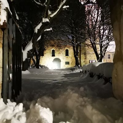 Bild vergrößern: Mystisch und prachtvoll: Der verschneite Eingang zur Stiftskirche.