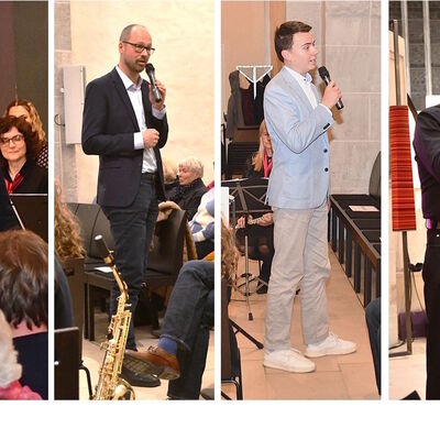 Bild vergr��ern: Gru�worte und Moderation-von links: B�rgermeister Arnim Ro�, Pfarrer Martin Abraham, Moderator Tobias Vogt, Spartenleiter Michael H�ter.