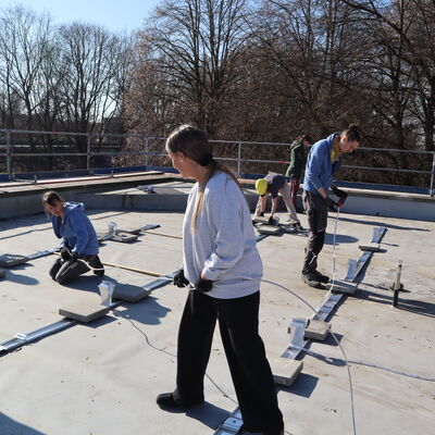 Bild vergr��ern: Gemeinschaftlich wurden die 28 Solarmodule auf dem Dach installiert. Vorher gab es eine professionelle Anleitung und Sicherheitsunterweisung durch Solocal Energy.