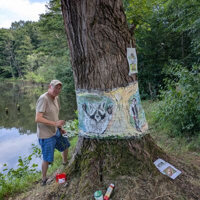 Bild vergr&ouml;&szlig;ern: Der Kaufunger Künstler Horst Gsegnet hat einen Waschbären und einen Specht direkt am Baum künstlerisch zum Leben erweckt.