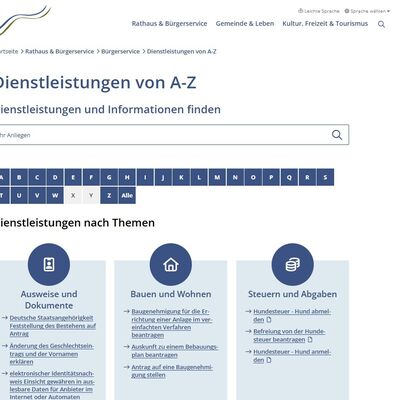 Bild vergr&ouml;&szlig;ern: Im Bereich „Dienstleistungen von A-Z“ erhalten Bürger alle relevanten Informationen zu ihren Anliegen inklusive direkter Ansprechpartner. Ergänzt wird dies durch verfügbare Online-Dienste, die es ermöglichen, zahlreiche Verwaltungsvorgänge bequem von zuhause aus zu erledigen.